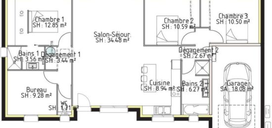 Plan de maison Surface terrain 104 m2 - 6 pièces - 4  chambres -  avec garage 