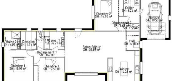 Plan de maison Surface terrain 132 m2 - 5 pièces - 3  chambres -  avec garage 