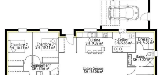 Plan de maison Surface terrain 111 m2 - 6 pièces - 4  chambres -  avec garage 