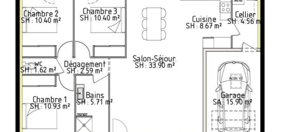 Plan de maison Surface terrain 88 m2 - 5 pièces - 3  chambres -  avec garage 