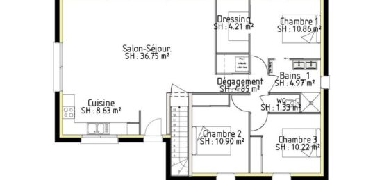 Plan de maison Surface terrain 92 m2 - 5 pièces - 3  chambres -  avec garage 