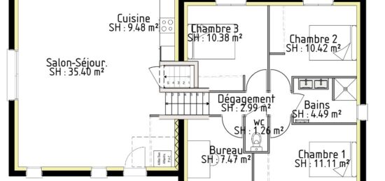 Plan de maison Surface terrain 94 m2 - 5 pièces - 3  chambres -  avec garage 