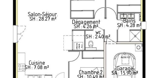 Plan de maison Surface terrain 77 m2 - 5 pièces - 3  chambres -  avec garage 