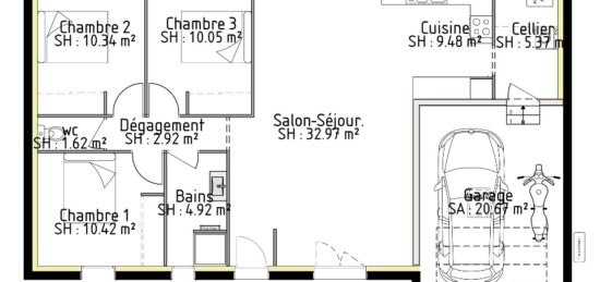 Plan de maison Surface terrain 88 m2 - 5 pièces - 3  chambres -  avec garage 