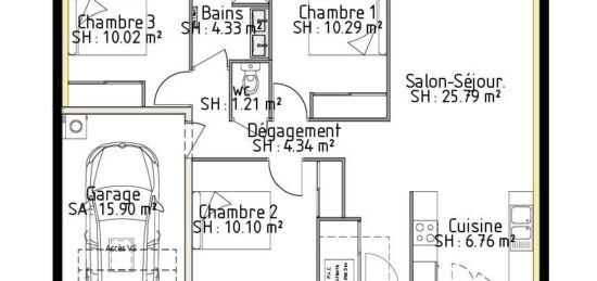 Plan de maison Surface terrain 72 m2 - 5 pièces - 3  chambres -  avec garage 